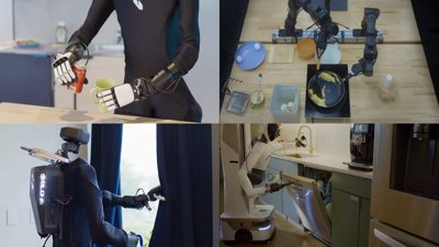 Un collage montrant des robots Skild AI effectuant diverses tâches apprises à partir de vidéos, y compris la cuisine et l'assistance à domicile.