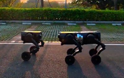 Due robot D1 di Direct Drive Tech che si muovono in tandem prima di combinarsi.