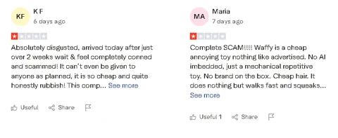 Captura de pantalla de un anuncio engañoso típico de un perro robot de juguete barato.