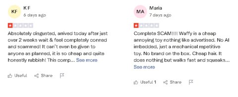 A screenshot of a typical misleading online ad for a cheap robot dog toy.