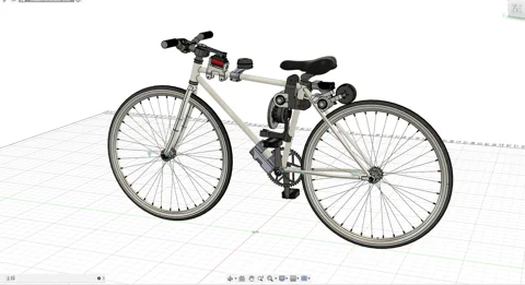Uma renderização em CAD da XUAN-Bike mostrando seus motores personalizados e sistemas de controle.