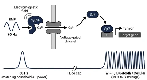 Diagram ukazující, jak 60Hz EMF vlna aktivuje protein Cyb5b, což vede k přílivu vápníku a aktivaci genu prostřednictvím transkripčního faktoru Sp7.