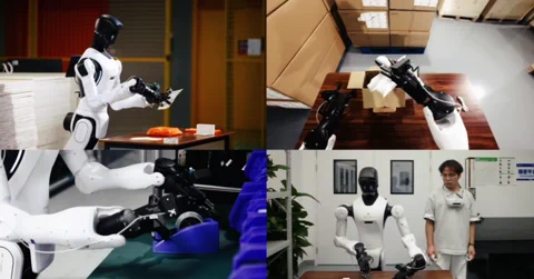 Uma colagem mostrando robôs humanoides da AGIBOT realizando várias tarefas, como dobrar roupas e trabalhar em um armazém.
